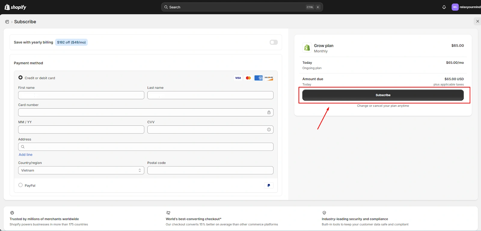 Subscribe shopify plan